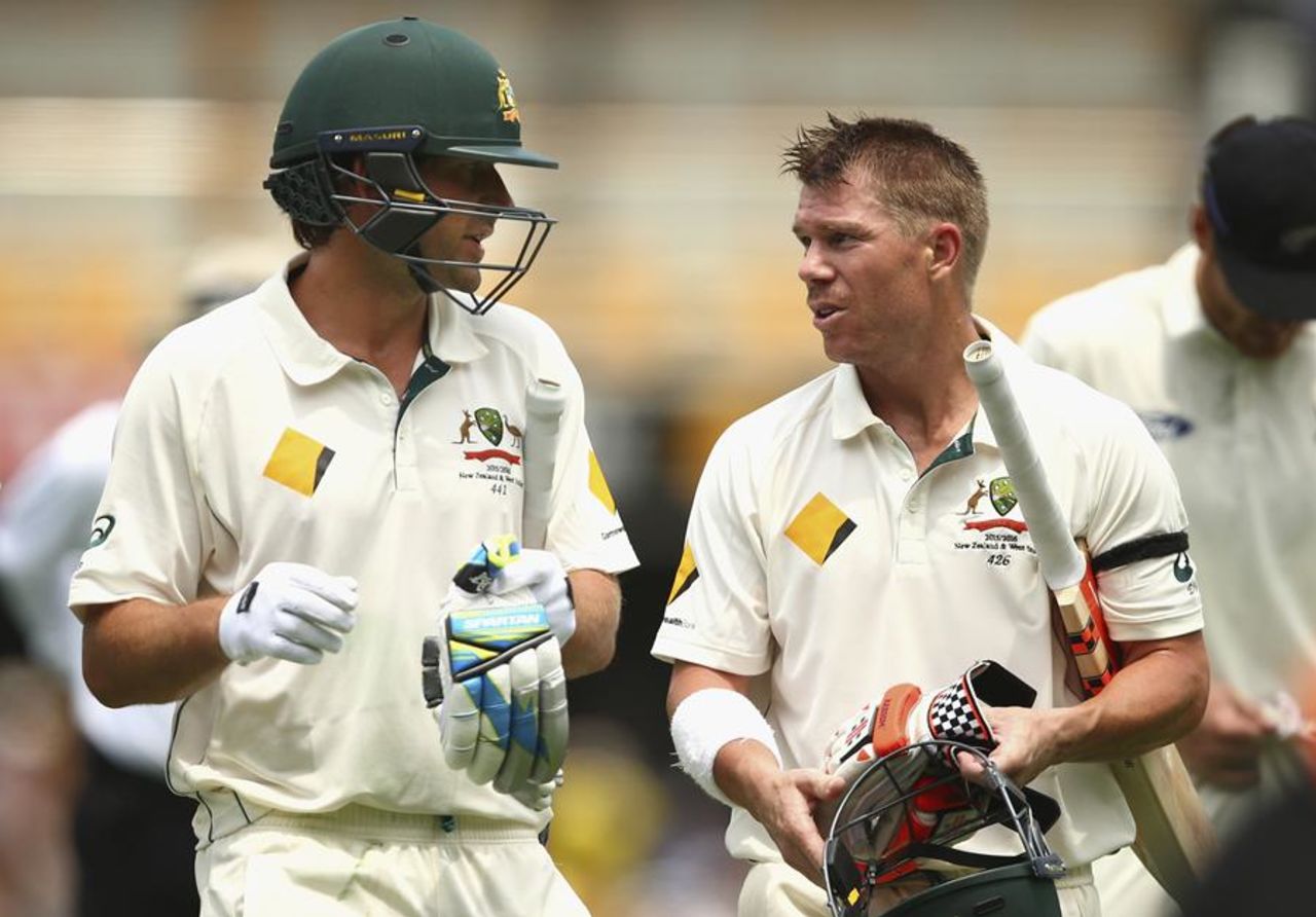 Joe Burns and David Warner walk off at lunch, Australia v New Zealand, 1st Test, Brisbane, 1st day, November 5, 2015