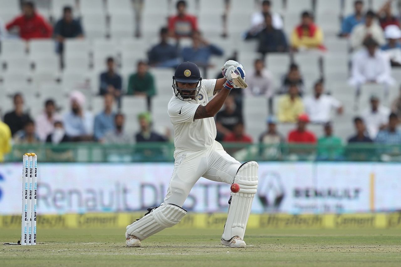 M Vijay takes the opportunity to exhibit one of his drives, India v South Africa, 1st Test, Mohali, 1st day, November 5, 2015