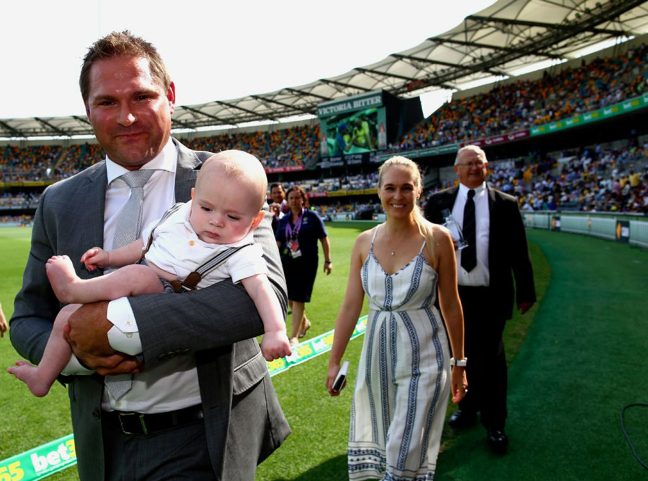 Ryan Harris with his wife Cherie and son Carter, Australia v New Zealand, 1st Test, Brisbane, 1st day, November 5, 2015