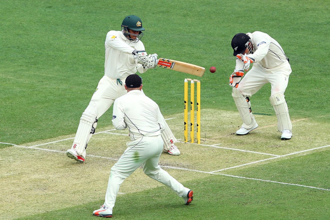 Usman Khawaja cuts on his way to a hundred, Australia v New Zealand, 1st Test, Brisbane, 1st day, November 5, 2015