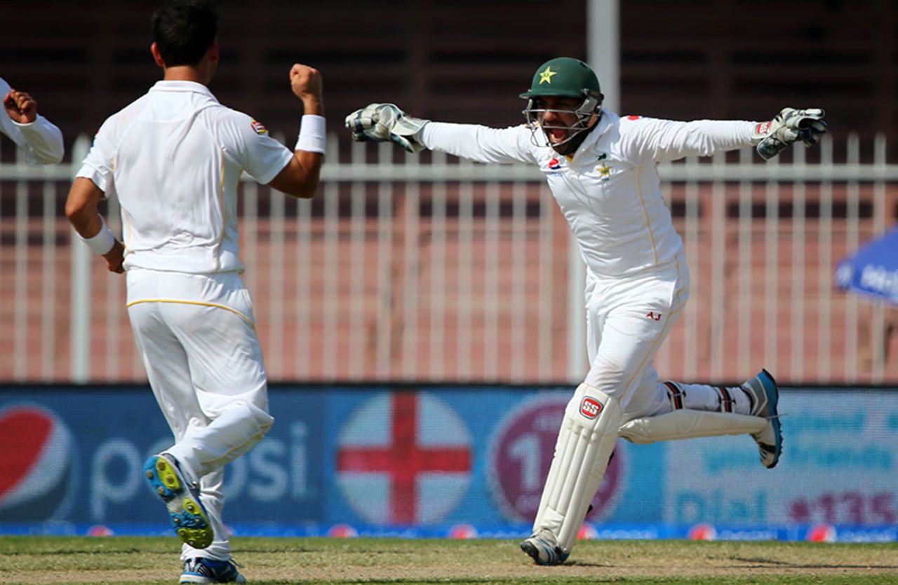 Sarfraz Ahmed celebrates the stumping of Ben Stokes that sealed Pakistan's victory, Pakistan v England, 3rd Test, Sharjah, 5th day, November 5, 2015