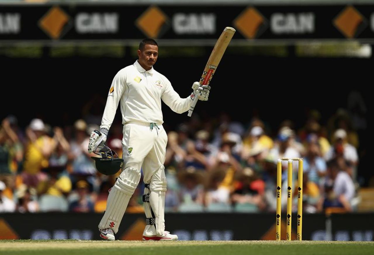 Usman Khawaja celebrates his 150, Australia v New Zealand, 1st Test, Brisbane, 2nd day, November 6, 2015