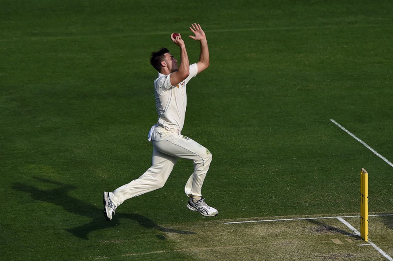 Mitchell Marsh leaps before delivering the ball, Australia v New Zealand, 1st Test, Brisbane, 2nd day, November 6, 2015