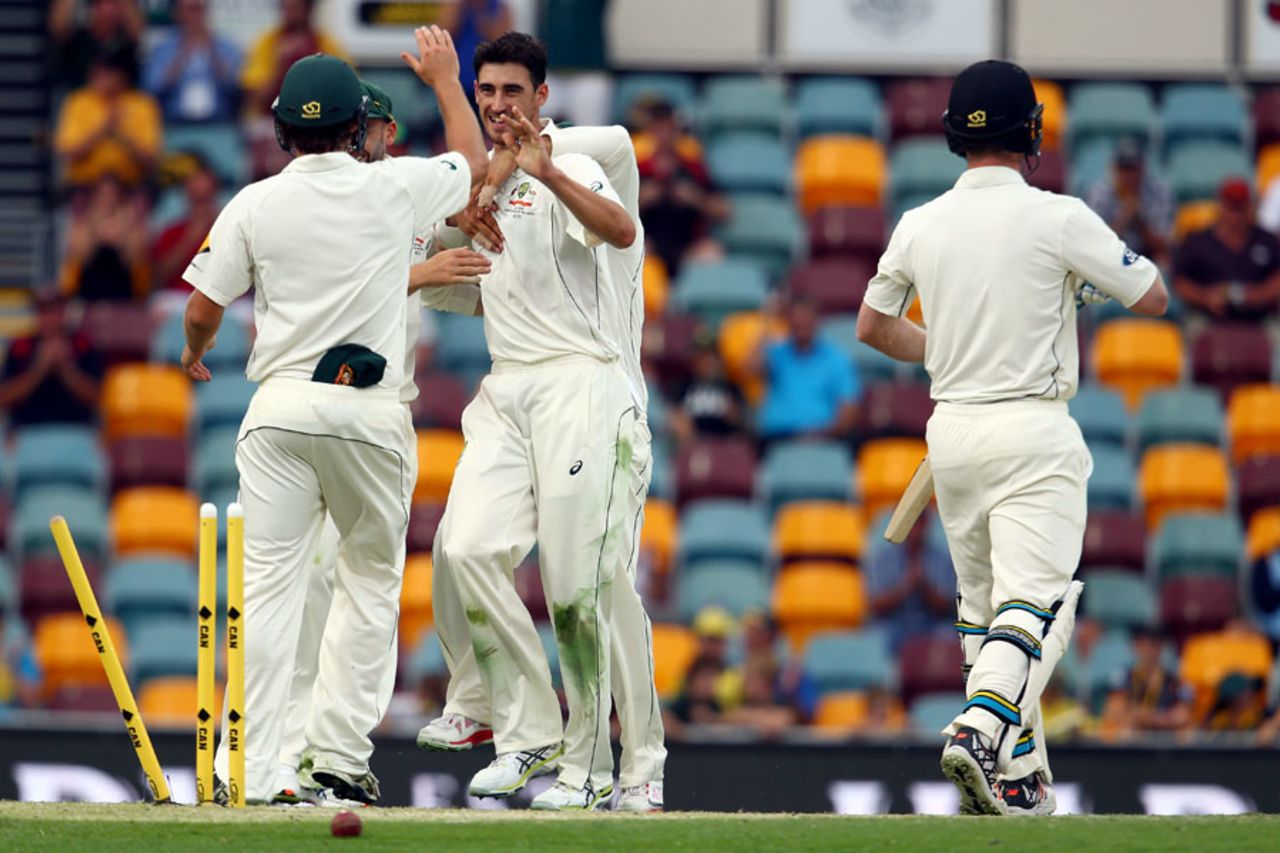 Mitchell Starc had Jimmy Neesham bowled with a full one, Australia v New Zealand, 1st Test, Brisbane, 2nd day, November 6, 2015
