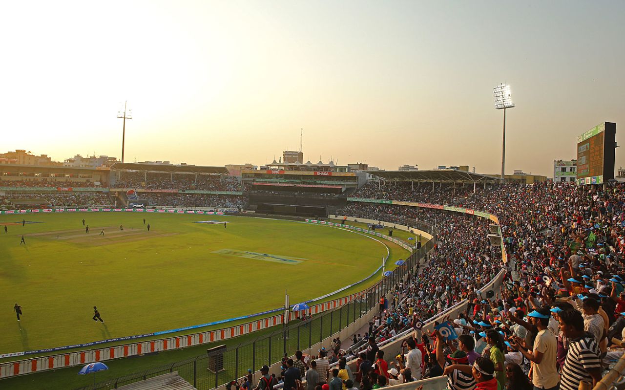 Fans throng the Shere Bangla Stadium as the lights take effect, Bangladesh v Pakistan, World Twenty20, Group 2, Mirpur, March 30, 2014