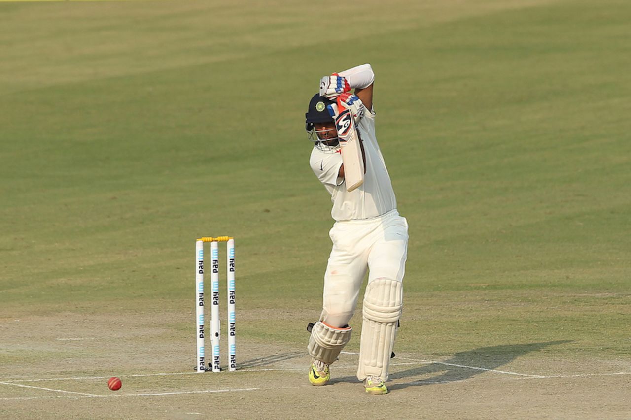 Cheteshwar Pujara drives through cover, India v South Africa, 1st Test, Mohali, 2nd day, November 6, 2015