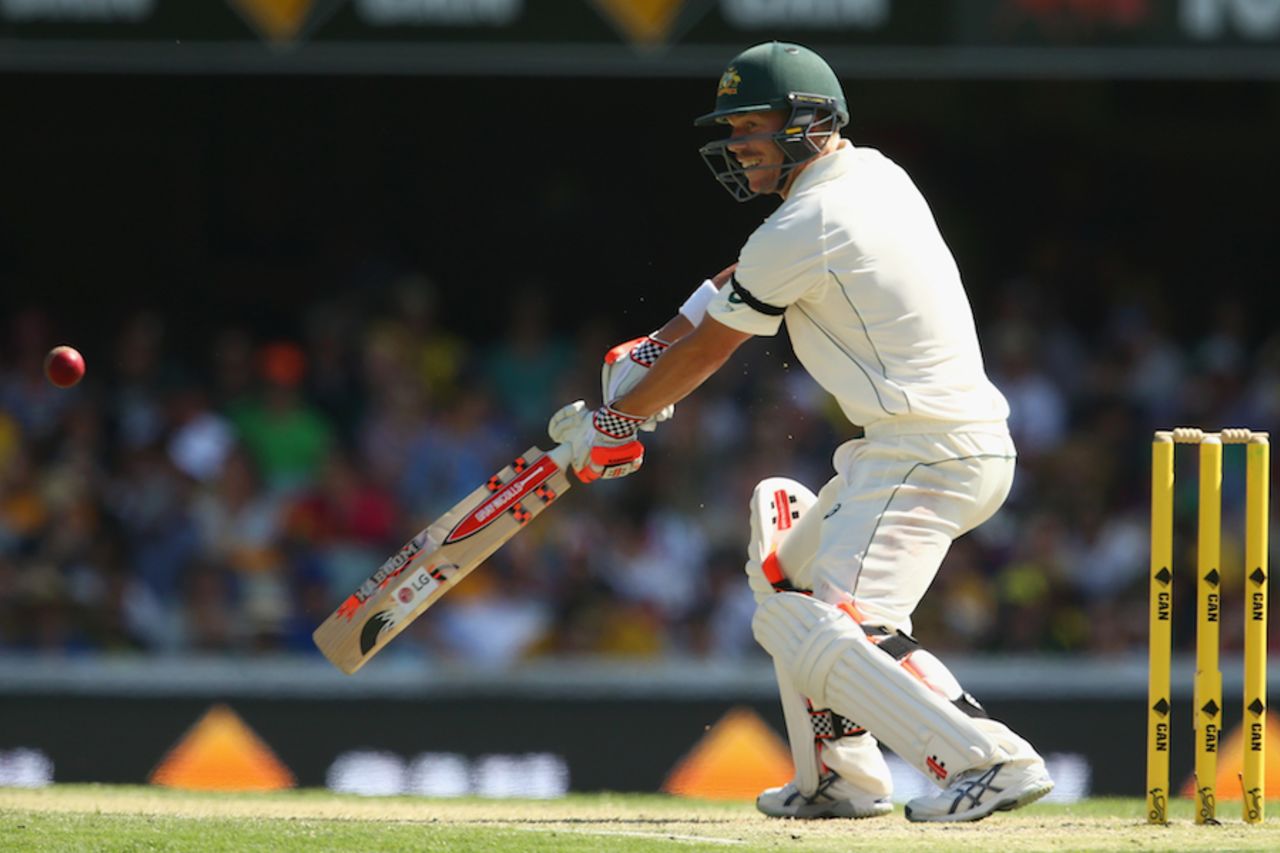 David Warner unleashes a cut, Australia v New Zealand, 1st Test, Brisbane, 3rd day, November 7, 2015