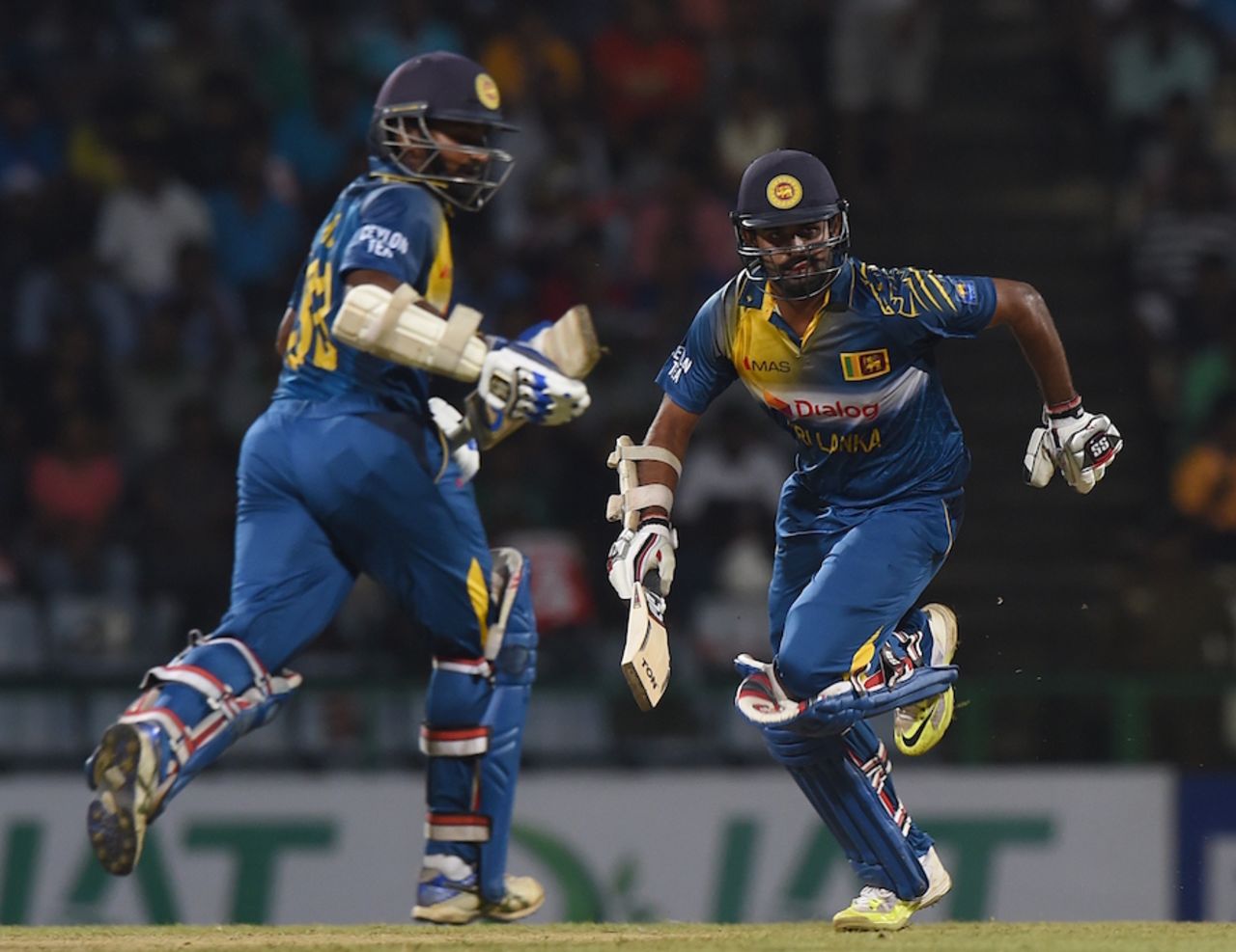 Lahiru Thirimanne and Kusal Perera complete a run during their 55-run partnership, Sri Lanka v West Indies, 3rd ODI, Pallekele, November 7, 2015
