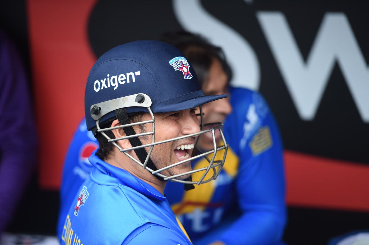 Sachin Tendulkar is all smiles as he prepares to bat at Citi Field, Sachin's Blasters v Warne's Warriors, Cricket All-Stars Series, 1st T20, New York, November 7, 2015