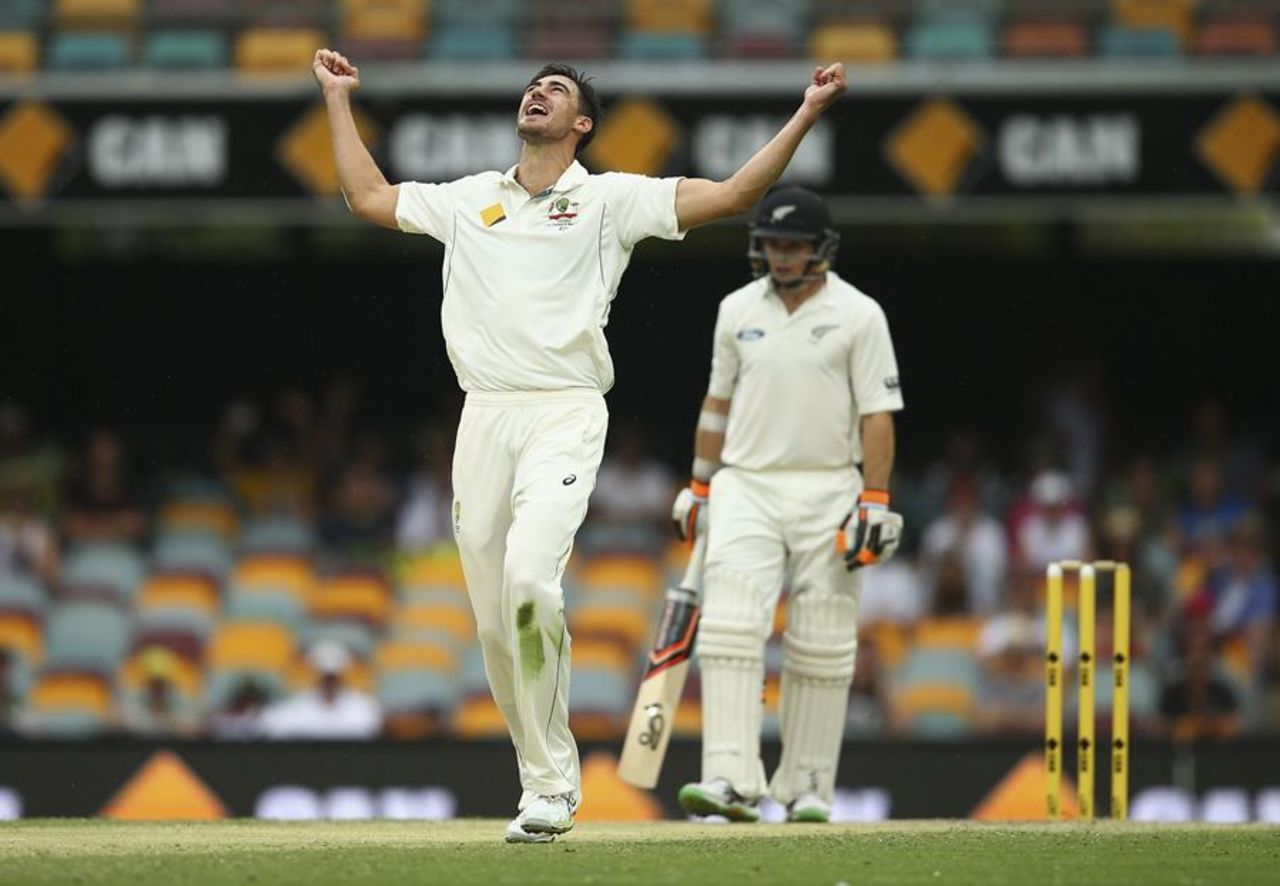 Mitchell Starc celebrates after having Tom Latham lbw, Australia v New Zealand, 1st Test, Brisbane, 4th day, November 8, 2015