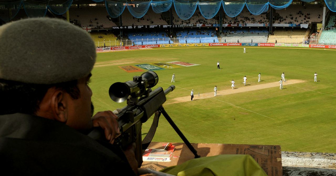 A sniper keeps an eye on the proceedings of the Chennai Test in the aftermath of the Mumbai terrorist attack, India v England, 1st Test, Chennai, 1st day, December 11, 2008