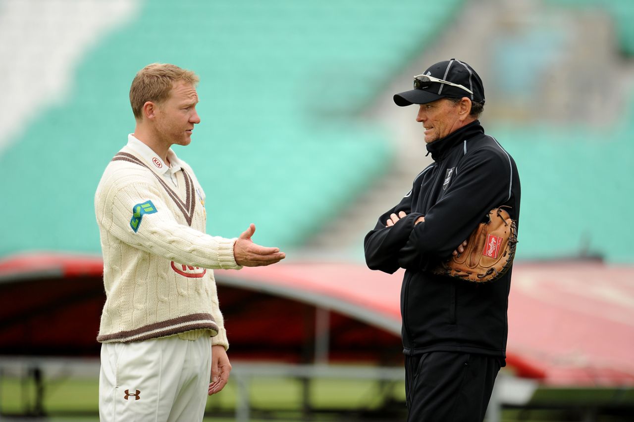 Surrey captain Gareth Batty (left) talks to coach Graham Ford, Surrey v Lancashire, The Oval, May 31, 2015