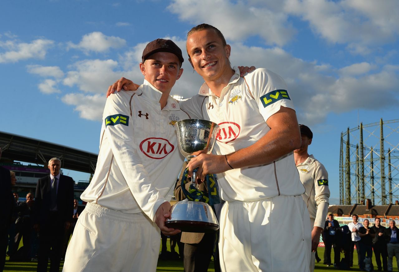 Sam and Tom Curran celebrate with the Division Two trophy, Surrey v Northamptonshire, County Championship, The Oval, September 25, 2015