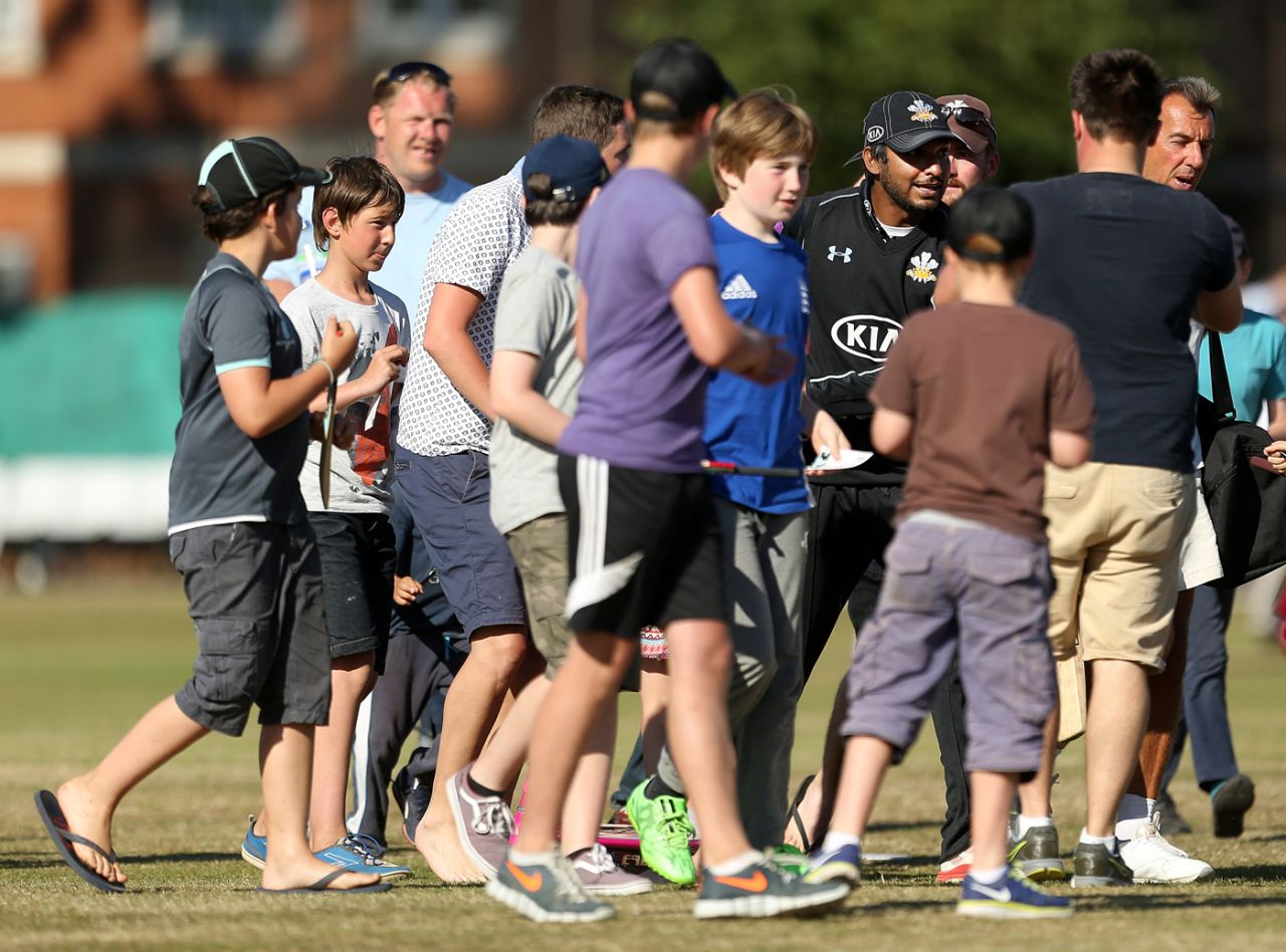 Kumar Sangakkara is surrounded by fans after the win, Surrey v Derbyshire, Royal London One-Day Cup, Guildford, August 2, 2015