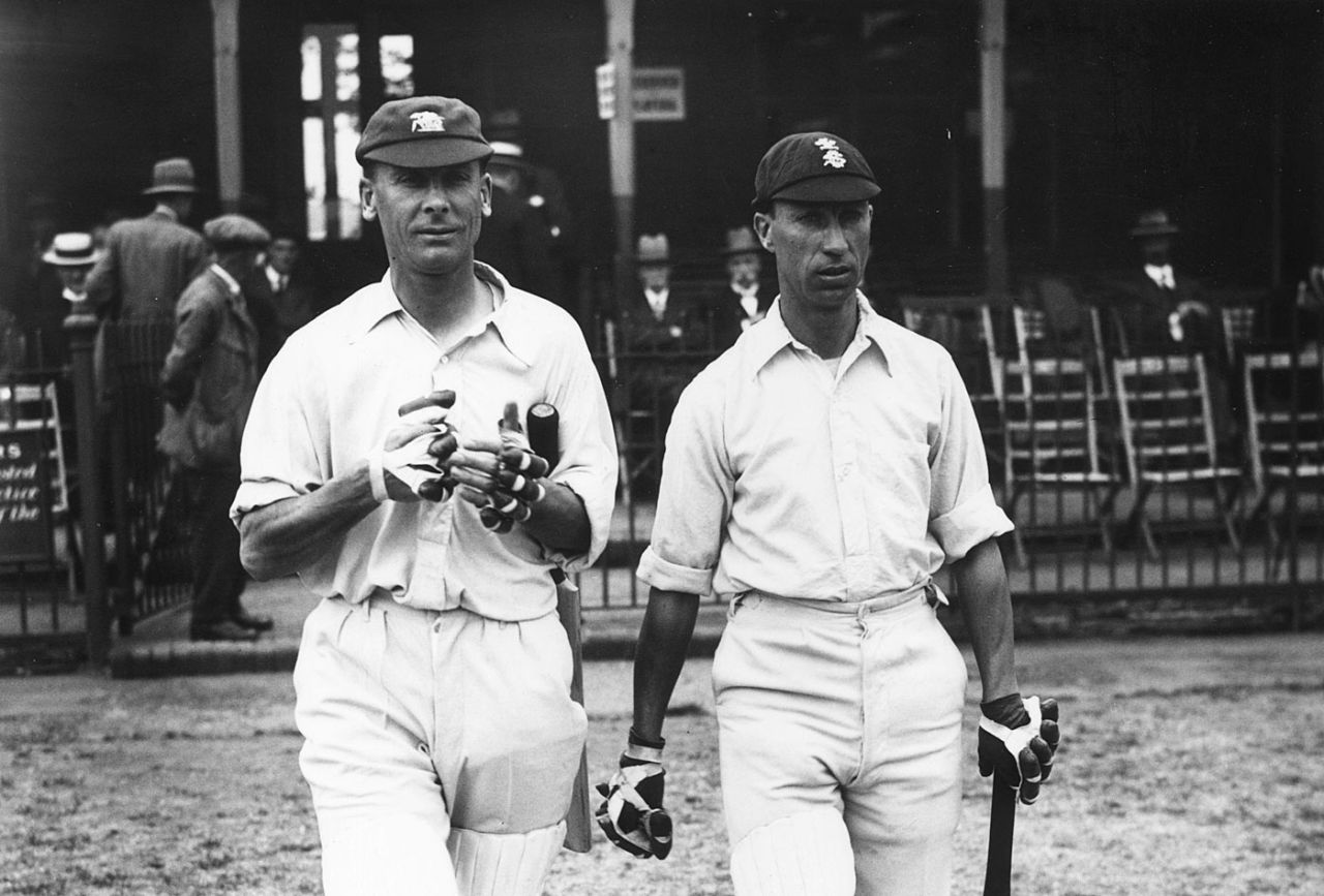 Jack Hobbs and Andy Sandham walk out to bat, Blackheath, July 20, 1925