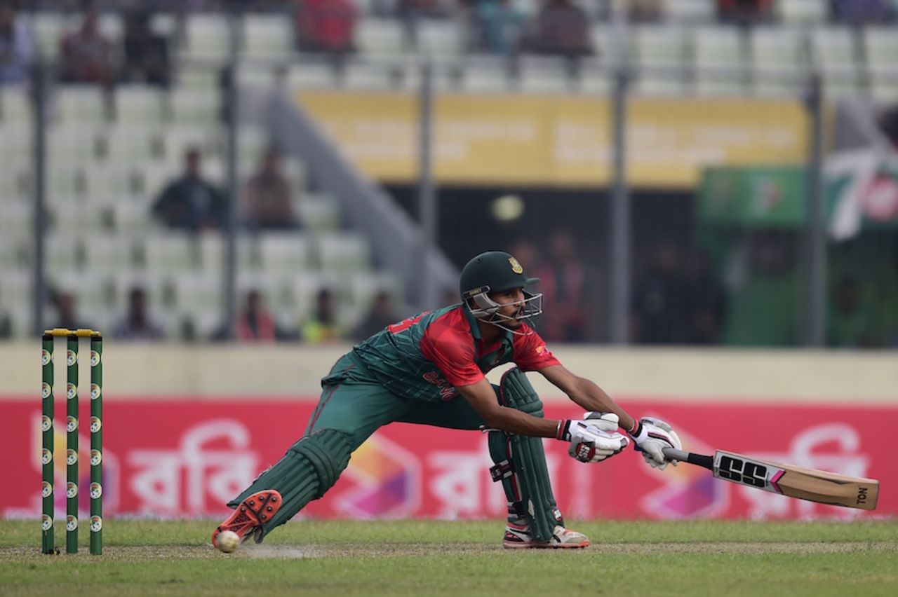 Nasir Hossain stretches in an attempt to play a shot on the off side, Bangladesh v Zimbabwe, 2nd ODI, Mirpur, November 9, 2015