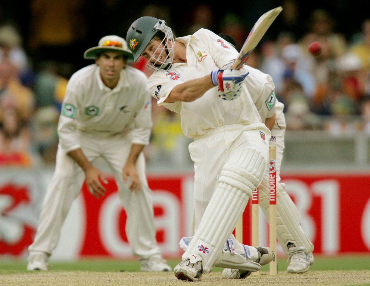 Glenn McGrath hits a six , Australia v New Zealand, 1st Test, Brisbane, 3rd Day, November 20 2004