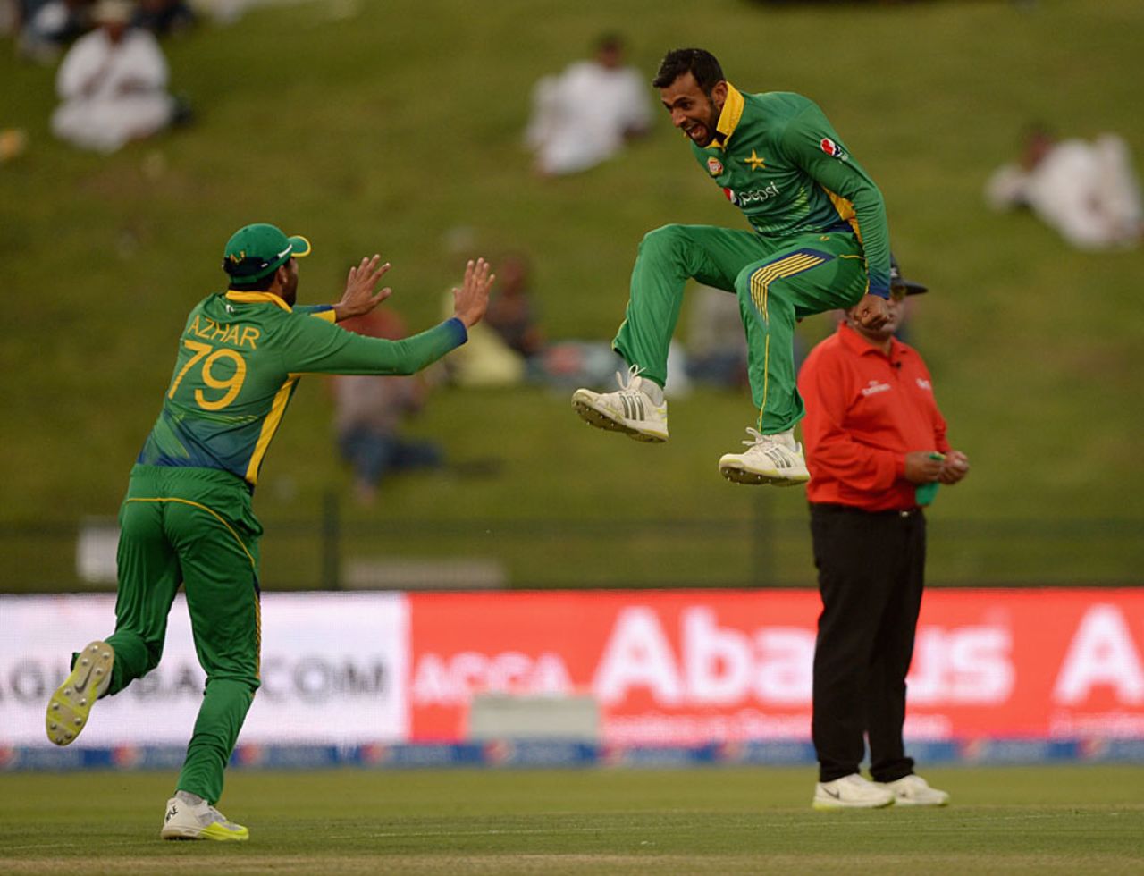 Impressive hang-time: Shoaib Malik celebrates his dismissal of James Taylor, Pakistan v England, 1st ODI, Abu Dhabi, November 11, 2015