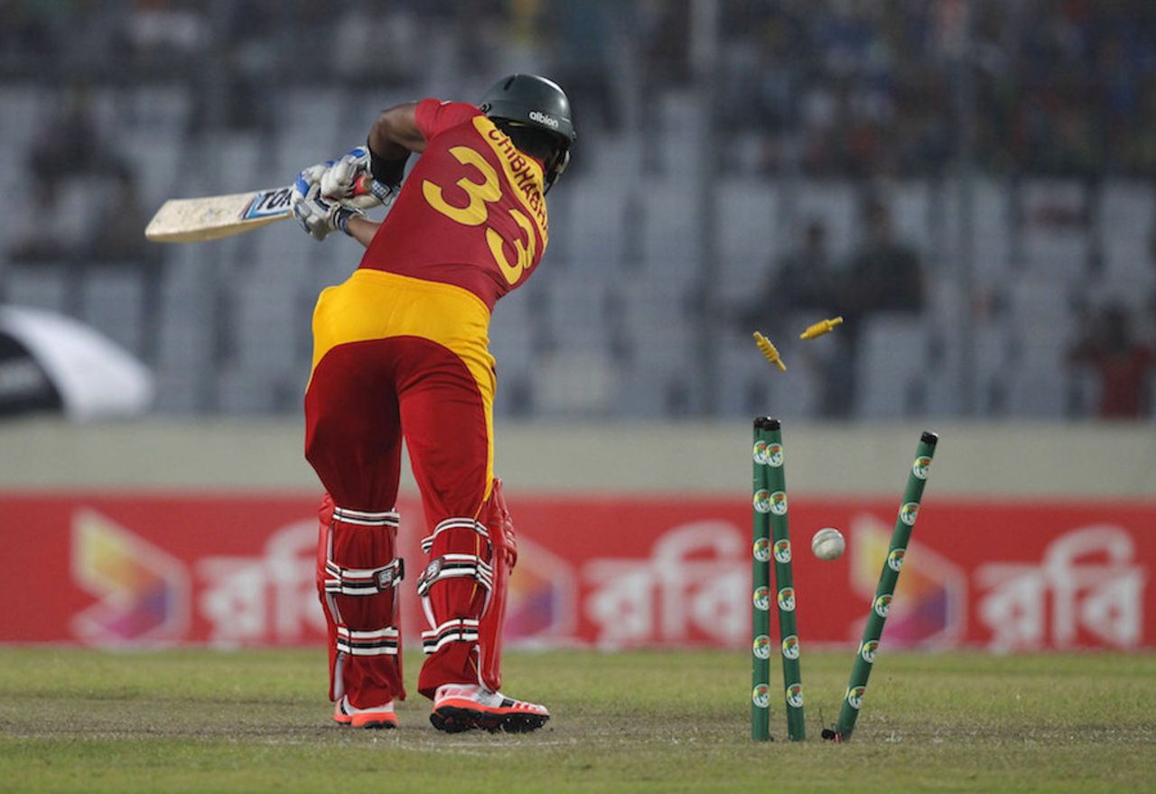 Chamu Chibhabha was bowled by Mustafizur Rahman off the second ball of the innings, Bangladesh v Zimbabwe, 3rd ODI, Mirpur, November 11, 2015