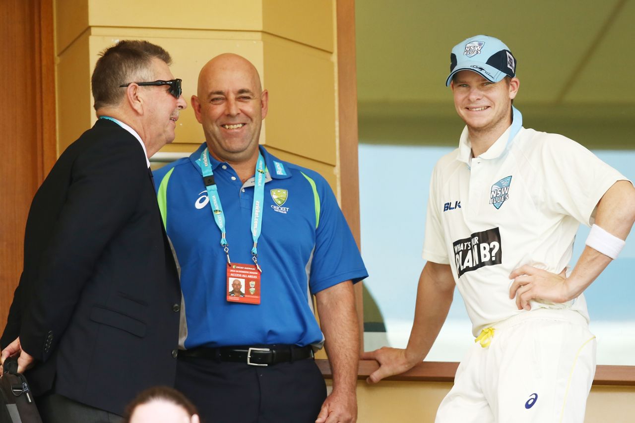 Rod Marsh, Darren Lehmann and Steven Smith in conversation, South Australia v New South Wales, day one, Sheffield Shield, Adelaide Oval, October 28, 2015 