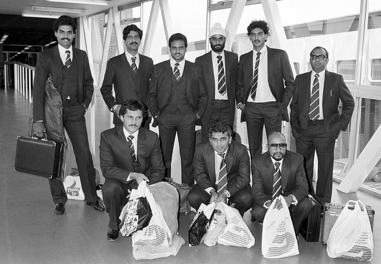 The Indian team arrives at Heathrow for the 1983 World Cup: (back L to R) Dilip Vengsarkar, Kris Srikkanth, Yashpal Sharma, Balwinder Sandhu, Ravi Shastri, manager Man Singh, (from L to R) Roger Binny, Sunil Gavaskar, Syed Kirmani, London, June 1, 1983
