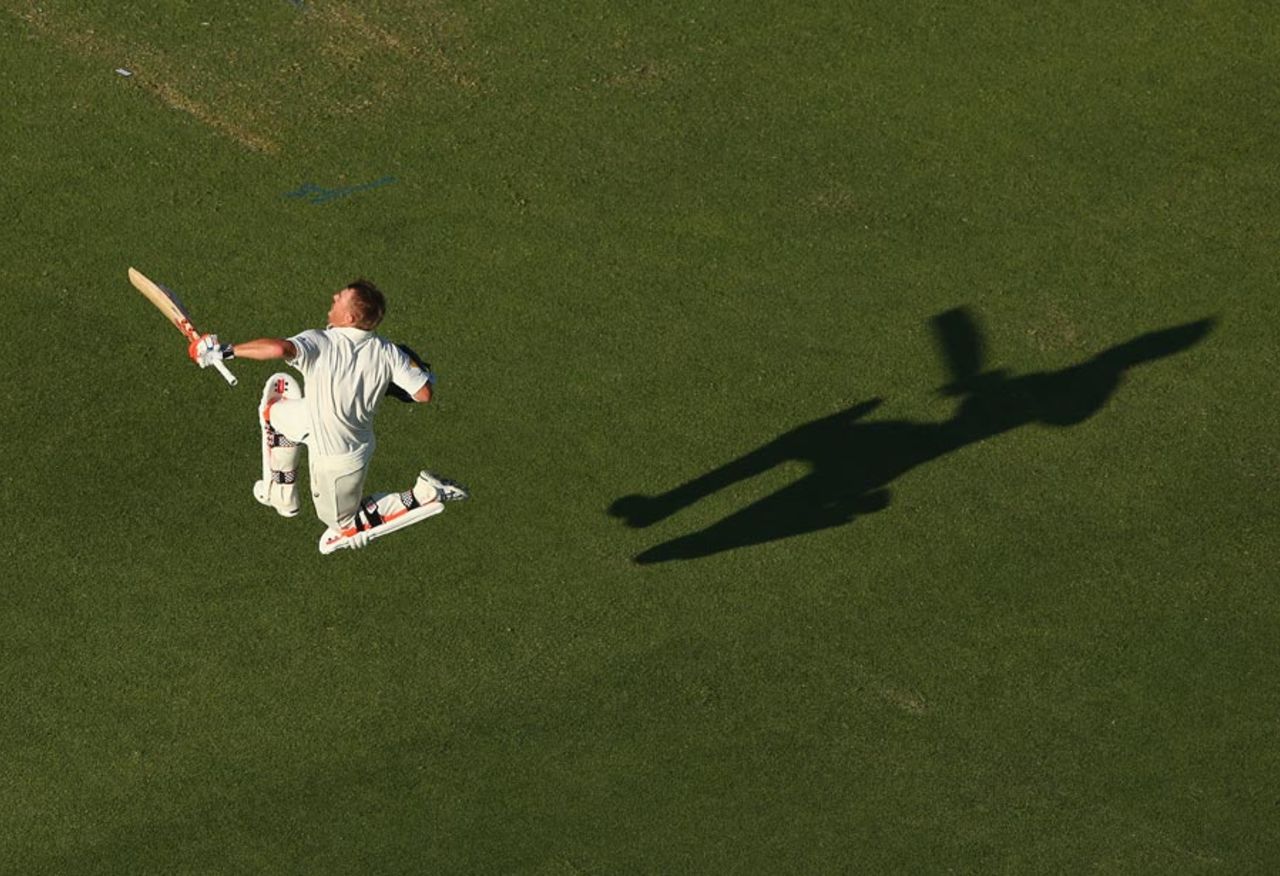 David Warner jumps for joy after his maiden double-century, Australia v New Zealand, 2nd Test, Perth, 1st day, November 13, 2015