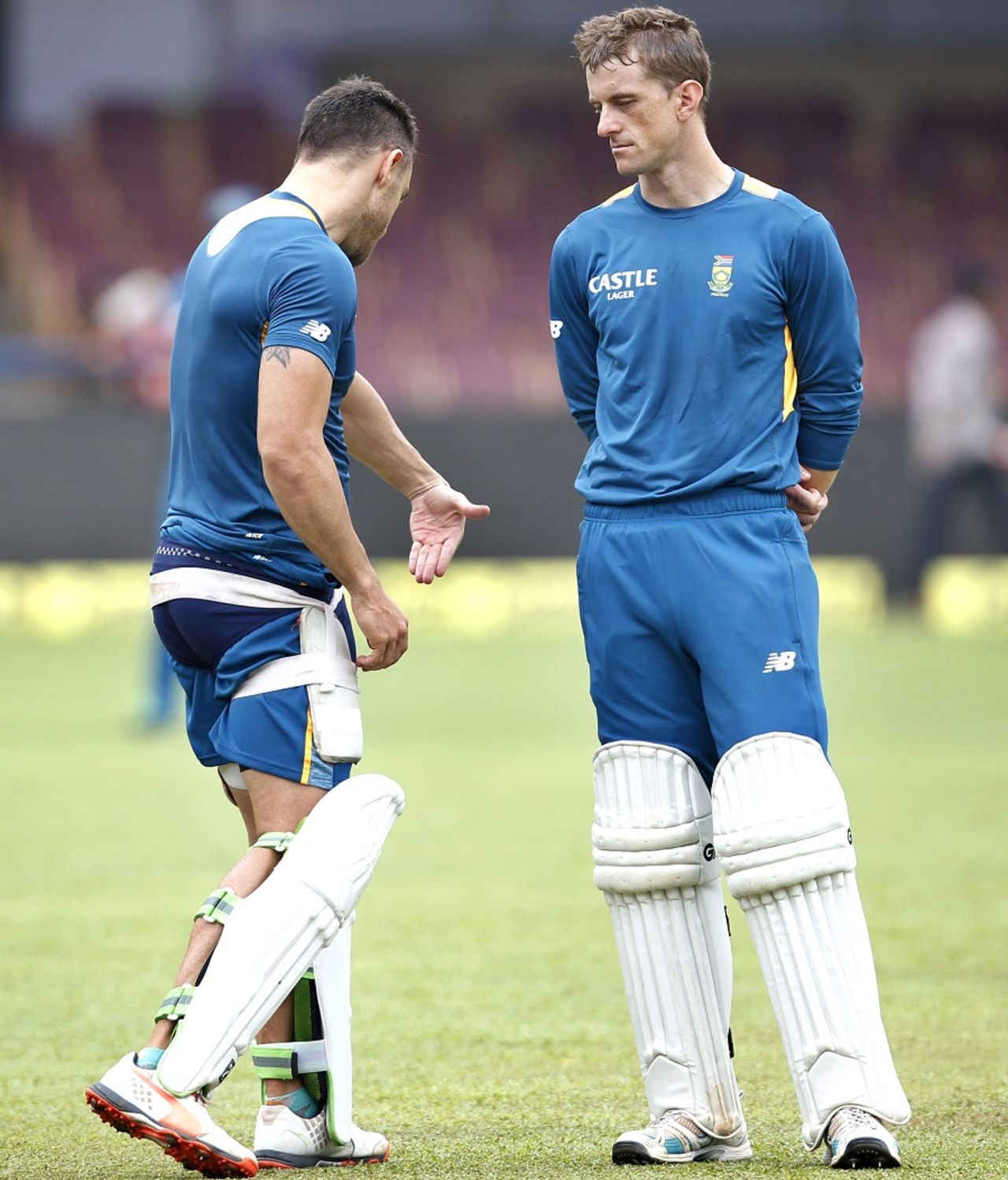 That's how you do it: Faf du Plessis passes on some advice to Dane Vilas during training, Bangalore, November 13, 2015