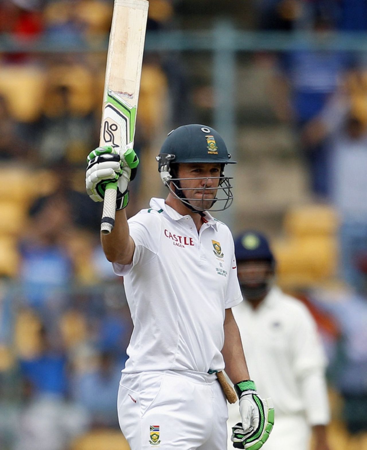 AB de Villiers acknowledges the cheers after completing his half-century, India v South Africa, 2nd Test, 1st day, Bangalore, November 14, 2015