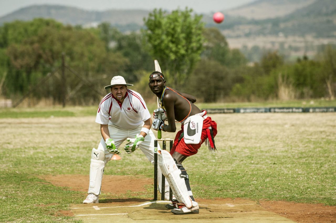 A Maasai Warriors cricket player gets ready to play a shot during a cricket match between Maasai Warriors and Glenvista Cricket Club invitational side at the Klipriviersberg Recreation Centre in Alberton, South Africa, September 13, 2015