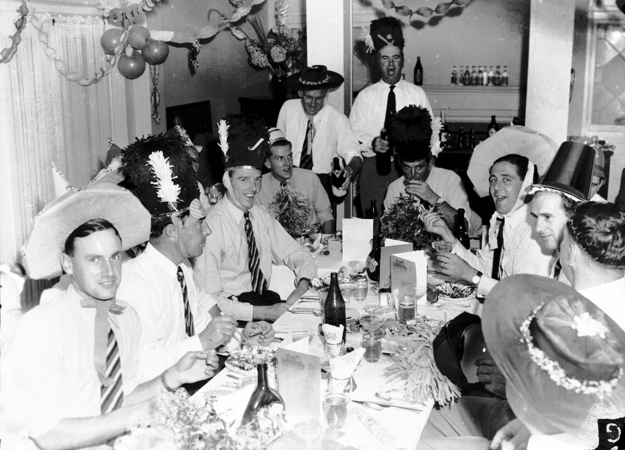 England's players enjoy a Christmas dinner. From left: Peter May, Denis Compton, Bob Appleyard, Peter Loader, Johnny Wardle (standing), Godfrey Evans, Tom Graveney and Trevor Bailey, Sydney, December 25, 1954