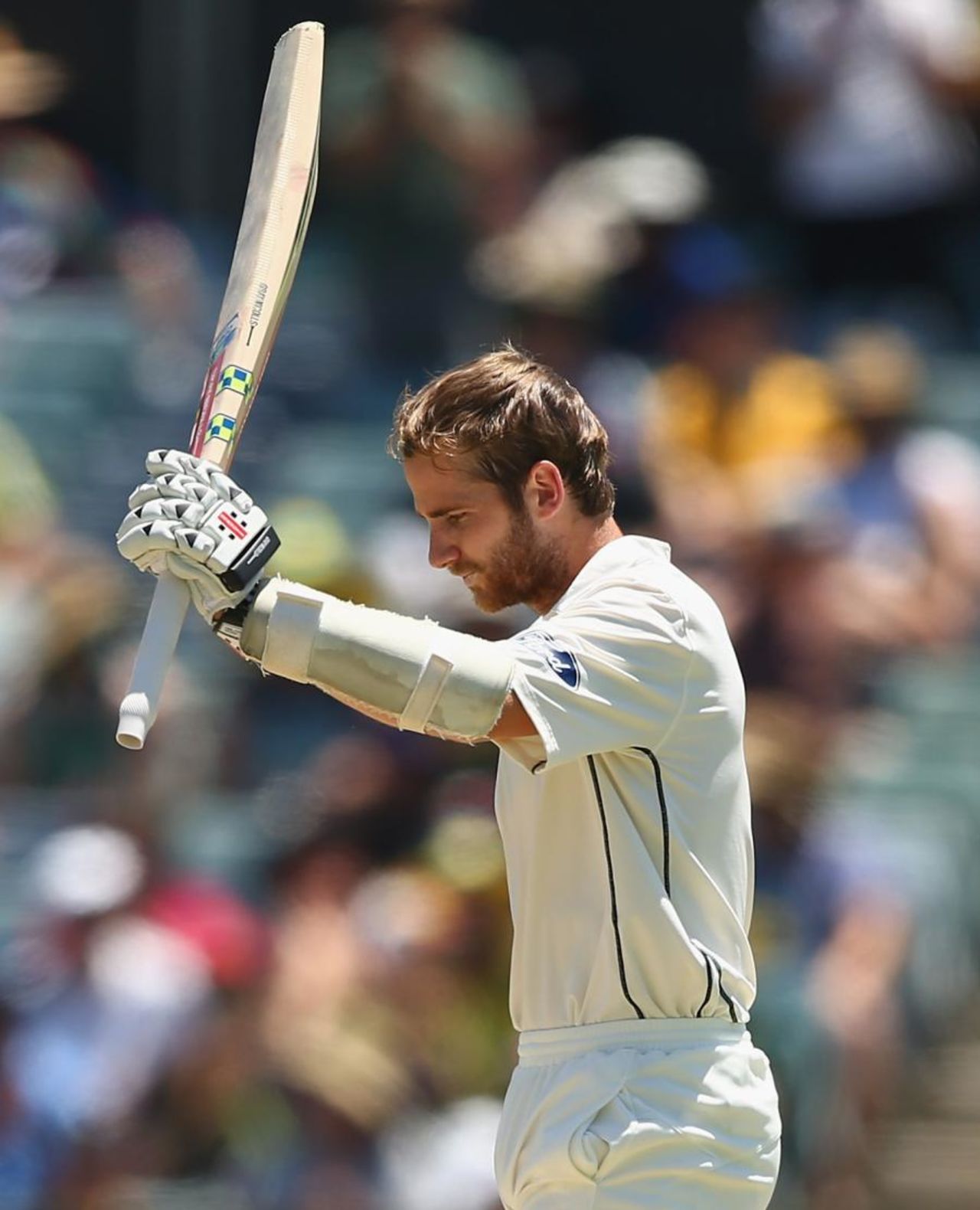 Kane Williamson raises his bat after scoring a century, Australia v New Zealand, 2nd Test, Perth, 3rd day, November 15, 2015