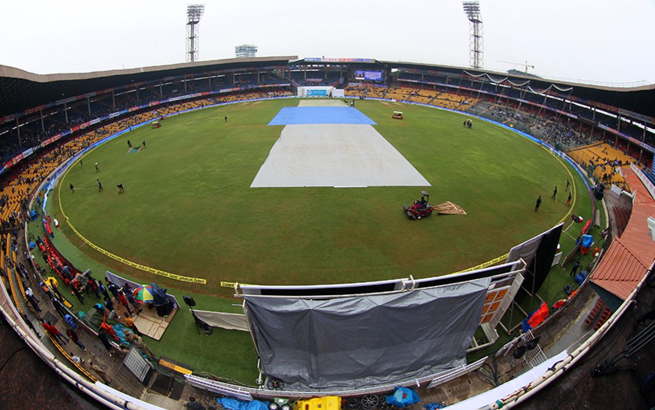 A drizzle delayed the start of the second day's play at the M Chinnaswamy Stadium, India v South Africa, 2nd Test, Bangalore, 2nd day, November 15, 2015