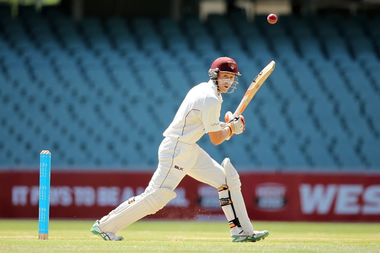 Marnus Labuschagne pushes to the off side, South Australia v Queensland, Sheffield Shield, Adelaide, 1st day, October 31, 2014