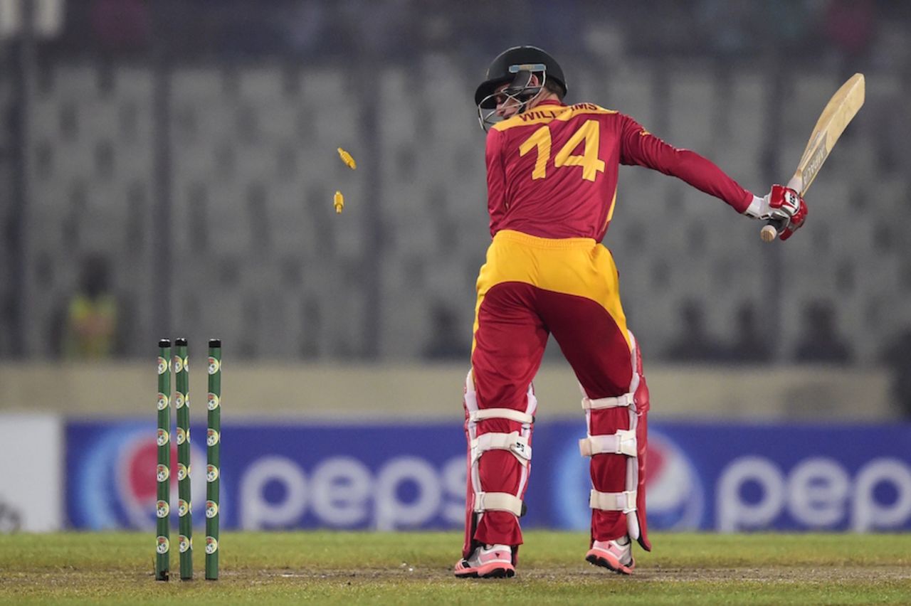 Sean Williams was bowled for a duck by Al-Amin Hossain, 2nd T20I, Dhaka, November 15, 2015