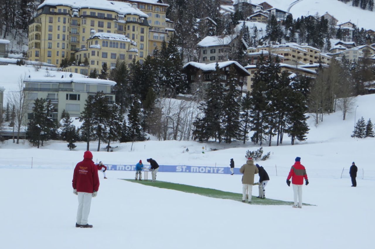 <b>Sivaraman Subramaniam:</b> This pic was taken during Rugby Cricket Dresden's trip to St. Moritz, Switzerland during "Cricket On Ice during February 2014". Was a great experience to play this beautiful game on a frozen lake at an altitude of 1,822 m with spray paint marked boundaries