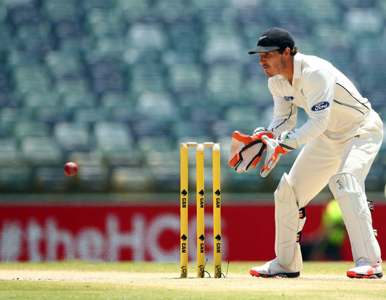 BJ Watling is all concentration as the ball arrives, Australia v New Zealand, 2nd Test, Perth, 5th day, November 17, 2015