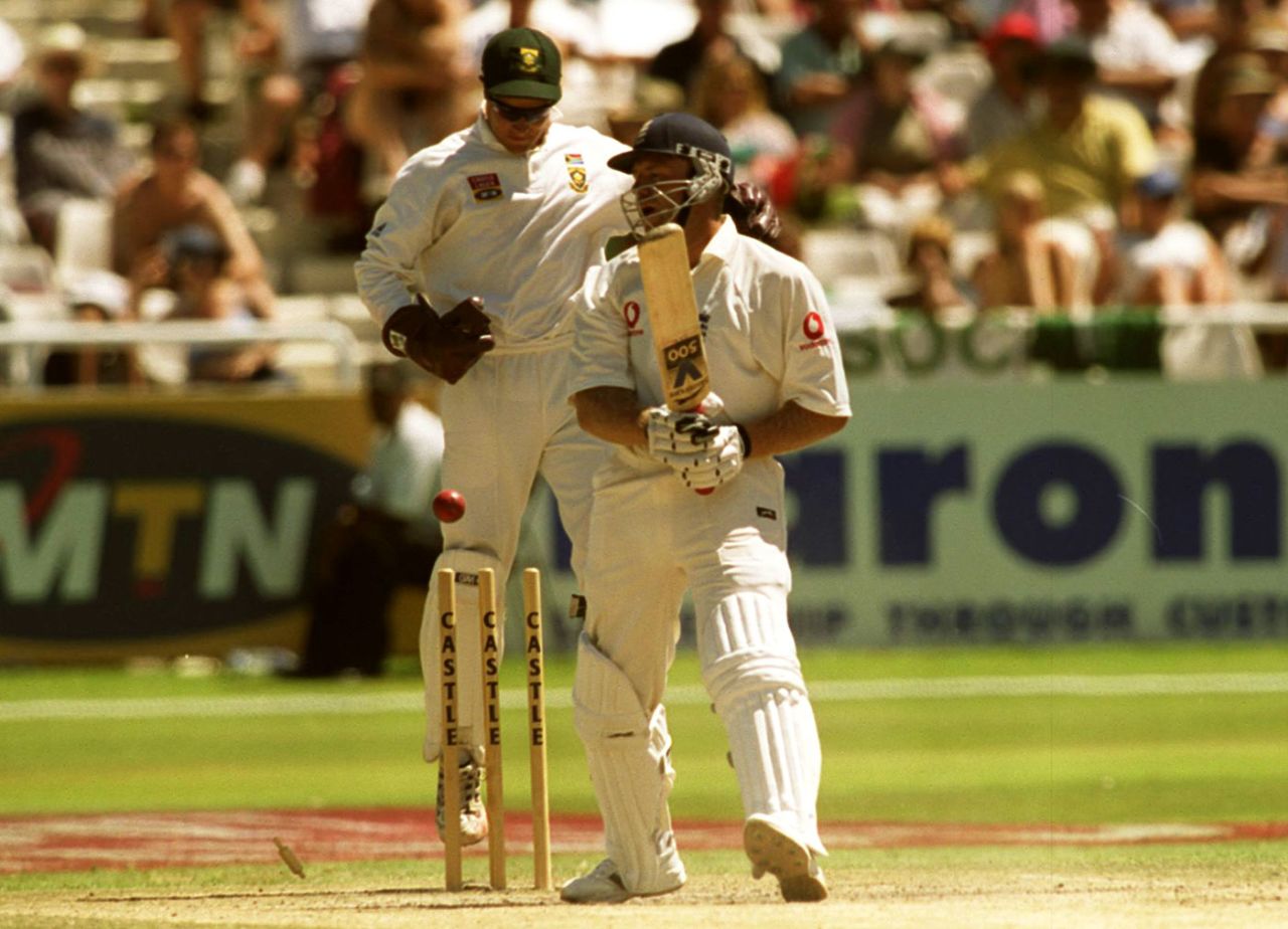 Chris Adams is bowled for 31 by Paul Adams, South Africa v England, 4th Test, Cape Town, 4th day, January 5, 2000