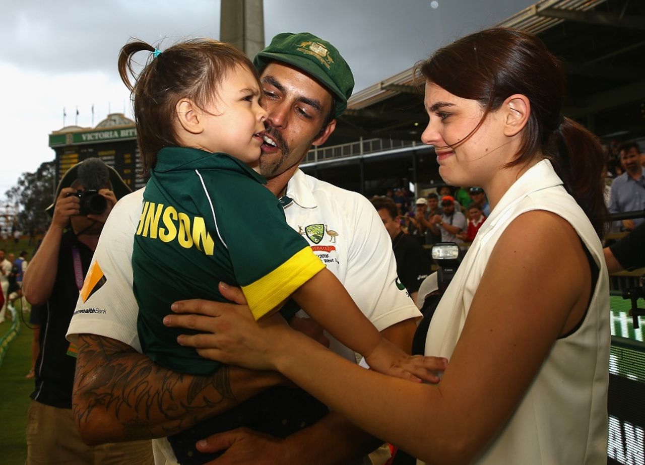 Don't go, Dad: Among those unhappy to see Mitchell Johnson retire was his daughter Rubkia, Australia v New Zealand, 2nd Test, Perth, 5th day, November 17, 2015