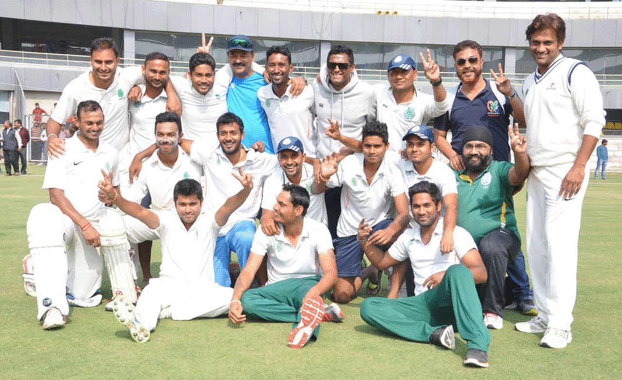 Assam squad celebrate after qualifying for the quarter-final, Kerala v Assam, Group C, Ranji Trophy 2014-15, Tellicherry, 4th day, February 9, 2015