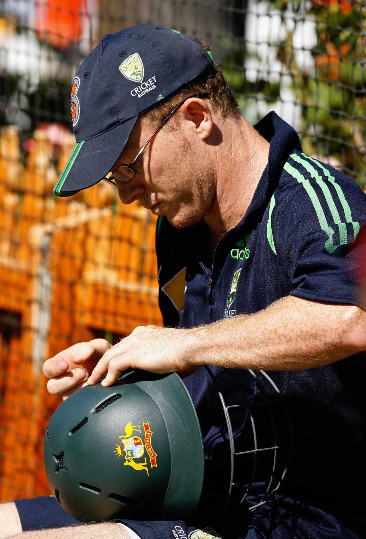 Chris Rogers checks his new helmet, Perth, January 15, 2008