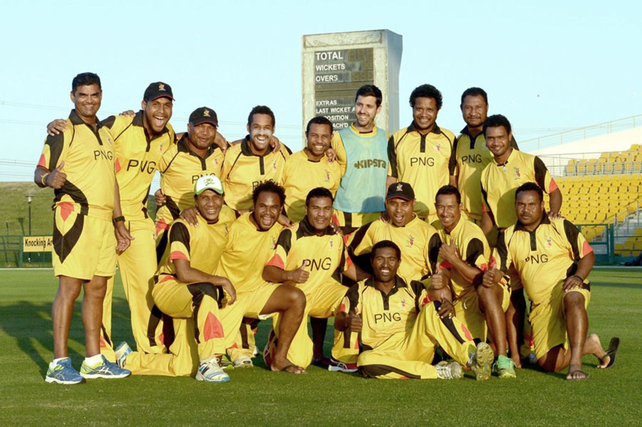 The Papua New Guinea players line up for a team photograph after beating Nepal, Nepal v PNG, World Cricket League Championship, Abu Dhabi, November 18, 2015