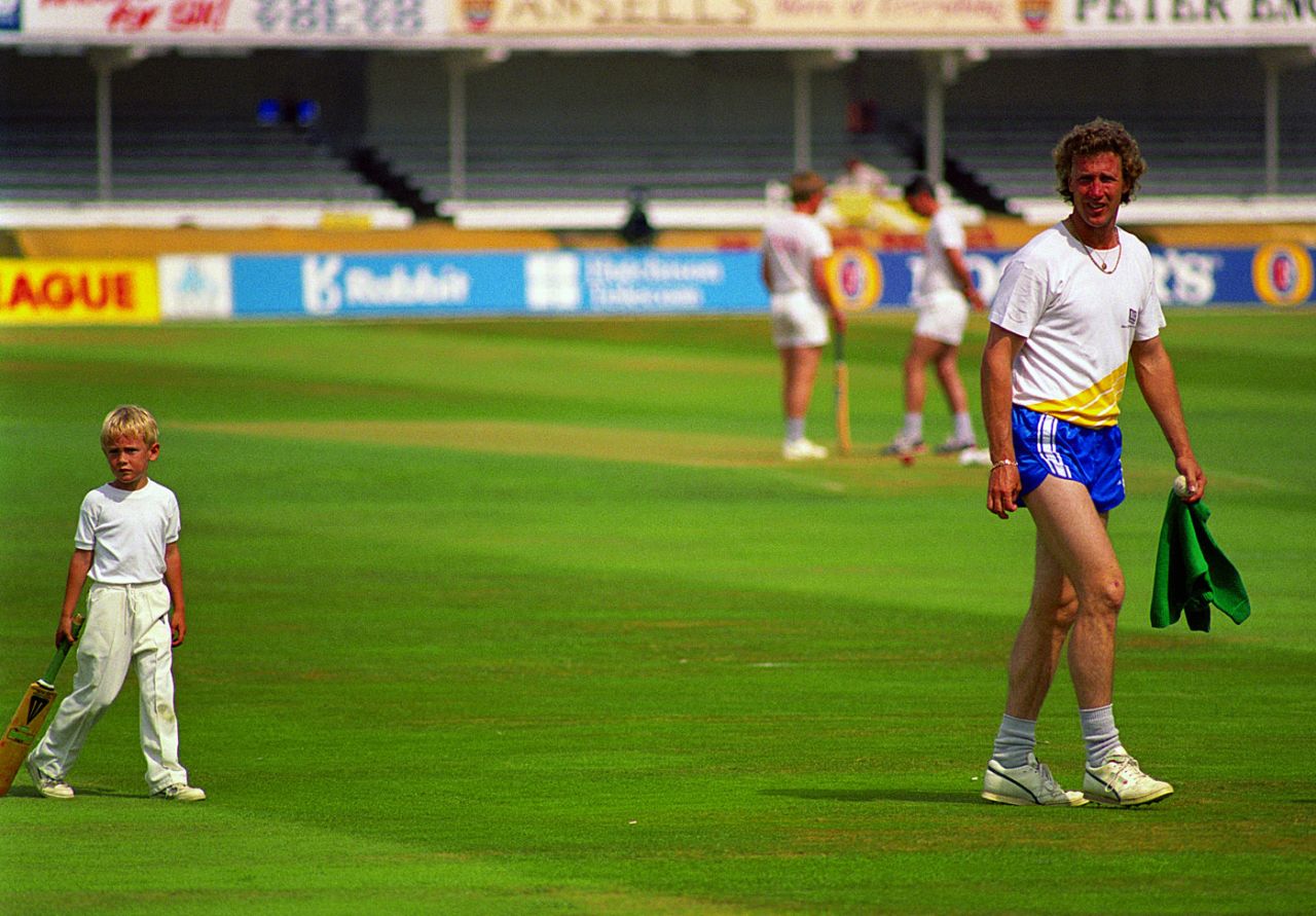 Chris Broad and his five-year-old son Stuart Broad at Trent Bridge, August 1991