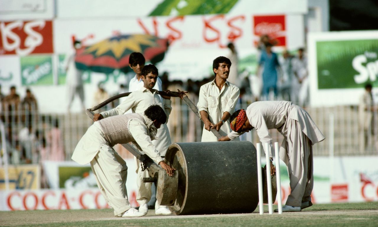 Ground staff use the heavy roller on the pitch, Pakistan v England, 2nd Test, Faisalabad, 1st day, March 12, 1984