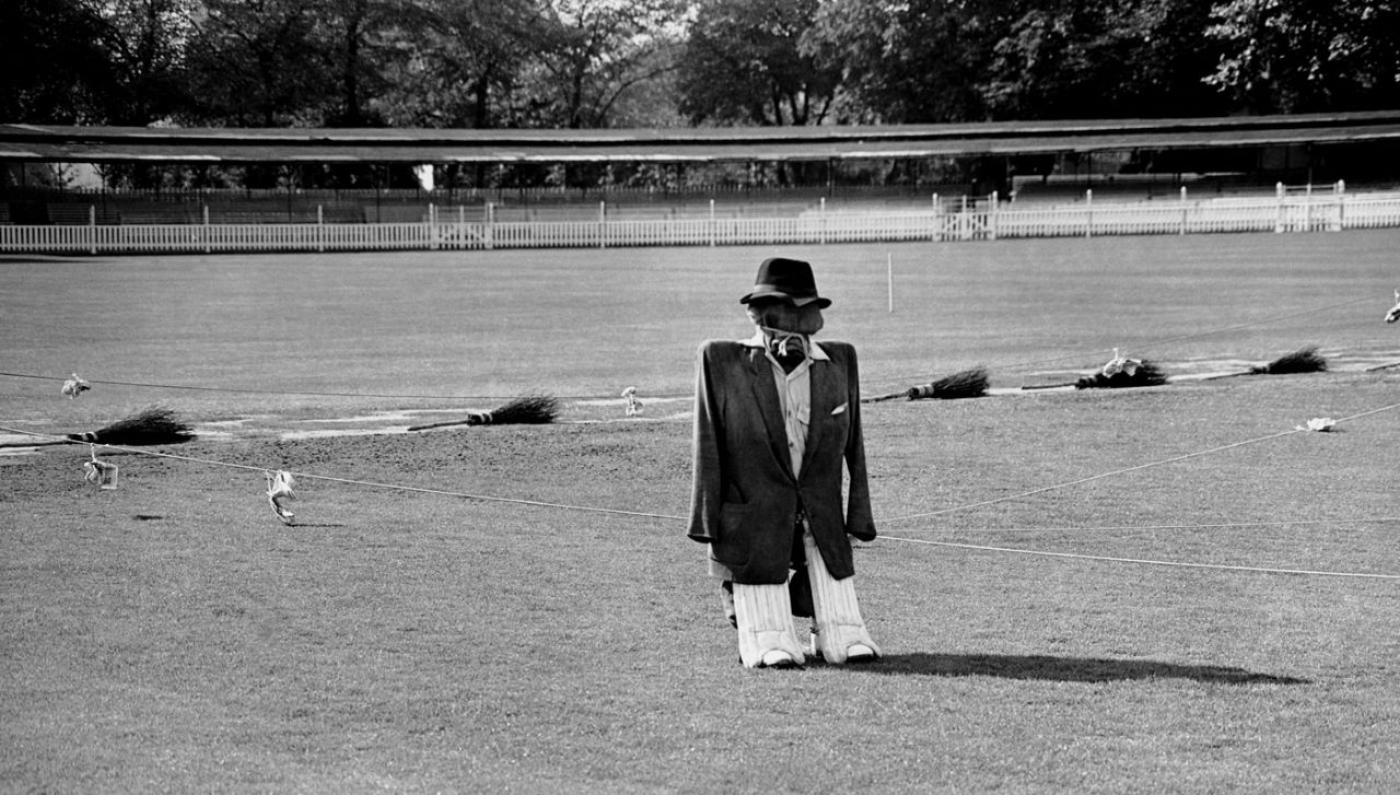 One of the scarecrows placed on the Lord's to stop pigeons eating the recently laid grass, Lord's, September 20, 1955