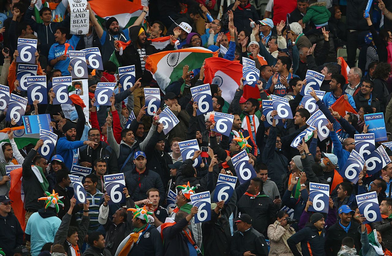 Indian fans celebrate holding "6" placards, England v India, Champions Trophy final, Edgbaston, June 23, 2013