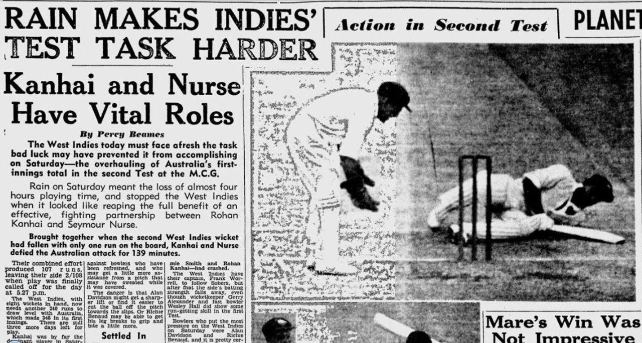 Screenshot from the <i>Age</i> newspaper reporting on second day of 1960-61 Australia-West Indies Test in Melbourne, January 3, 1961