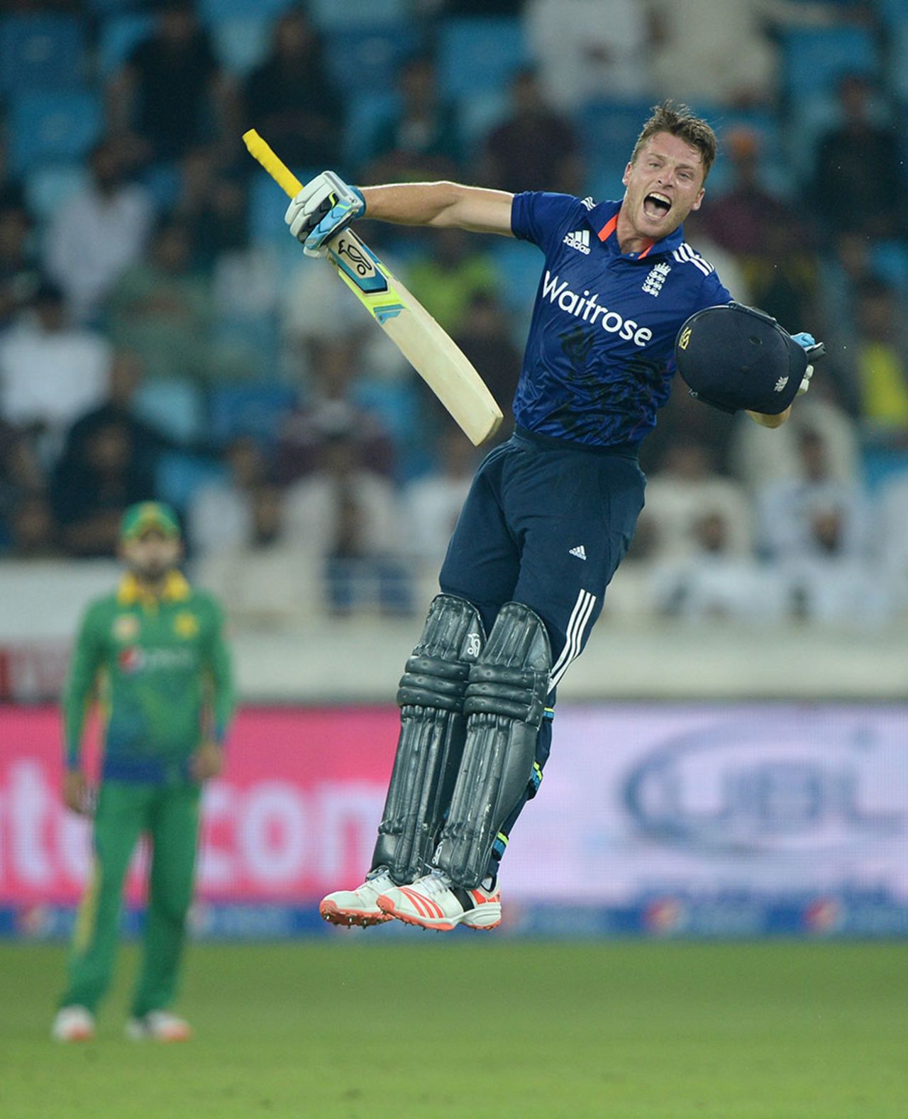 Jos Buttler leaps for joy after crashing a 46-ball hundred, Pakistan v England, 4th ODI, Dubai, November 20, 2015
