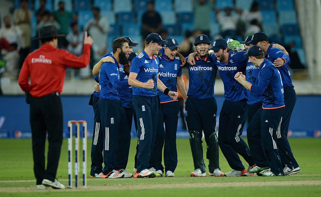 England begin their celebrations as the the umpire confirms the last wicket has fallen, Pakistan v England, 4th ODI, Dubai, November 20, 2015