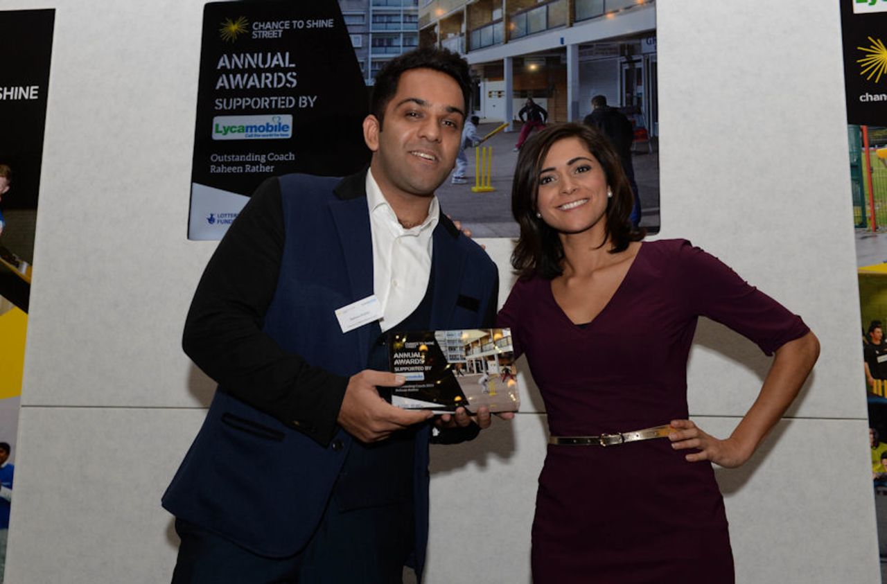 Rehaan Rather collects the coach of the year award from Lucy Verasamy during the Chance to Shine Street awards at Kia Oval, November 19, 2015