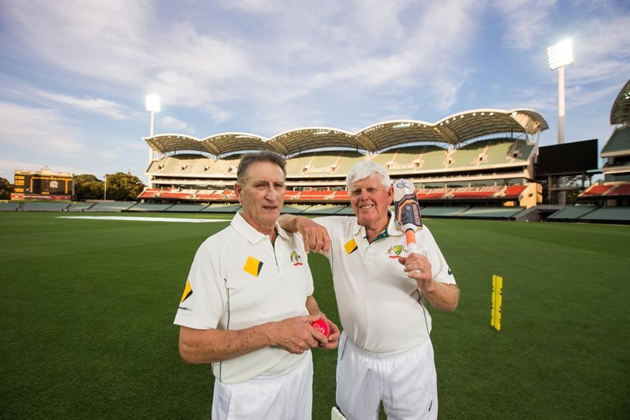 Len Pascoe and Barry Richards at a re-enactment of the first ball bowled under lights, Adelaide Oval, November 24, 2015